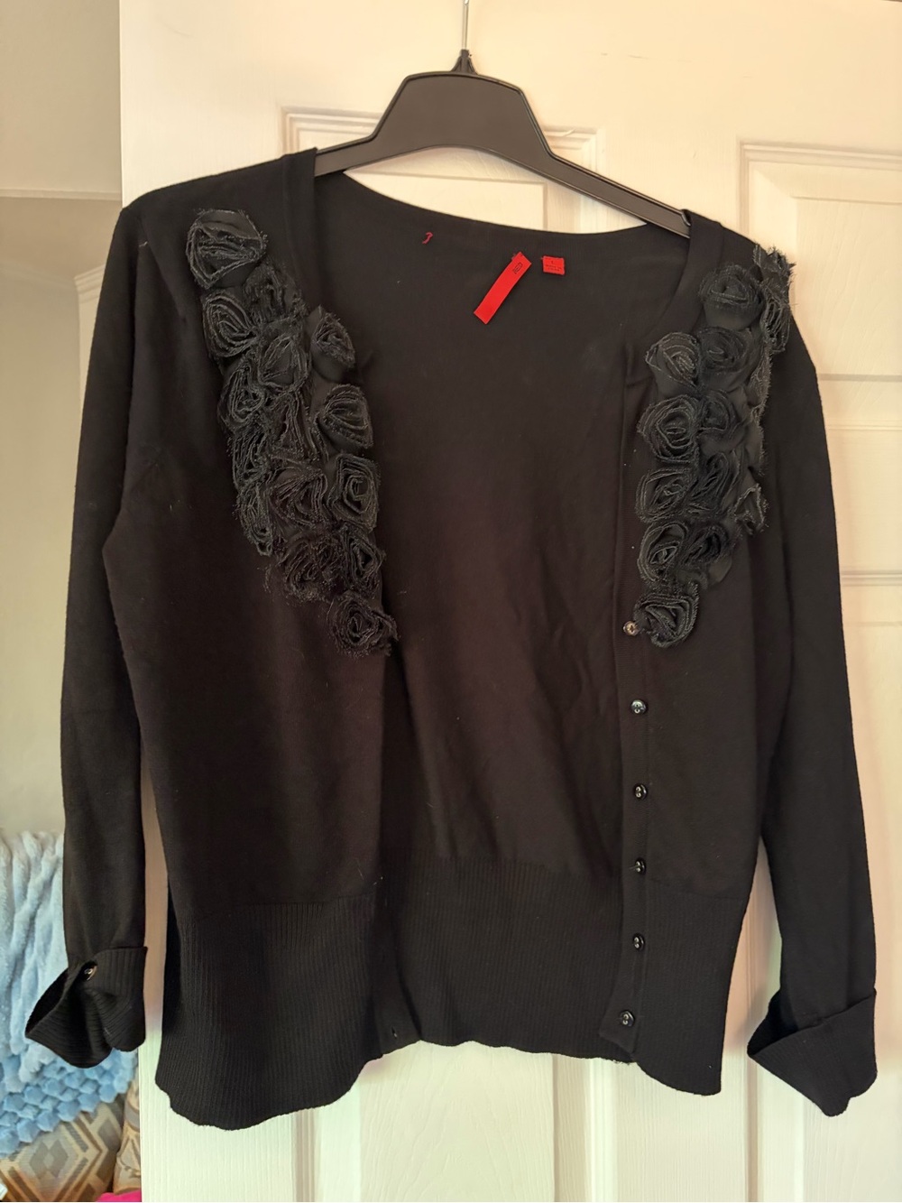 Red Black Floral-Trim Cardigan Sweater
